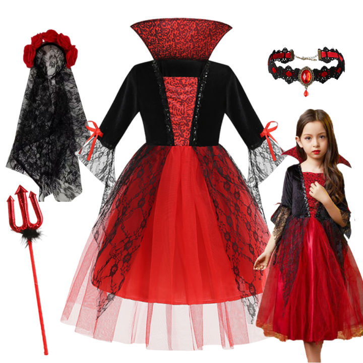 2026 Ghost Bride Dress Girls Boys Red Halloween Cosplay Costume Gothic Dress Party Kids Vestidos Clothes 2-12 Years