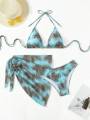 Women's 3 Piece Gradient Tie Dye Bathing Suit Lace Up High Cut Bikini with Beach Skirt.