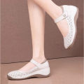 2026 Spring Women’s Mom Shoes–Soft Sole Non‑Tiring Shallow Pumps, Thick Platform Casual Leather with One‑Buckle, Wedge Heel.