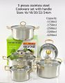 5 Pieces Stainless Steel Cookware Set with Handles - Sizes 16/18/20/22/24cm, Capacities 1150ml to 4250ml. 