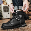 High Quality Men Snow Boots Metal Rivets Low Heel Trend Punk Rock Knight Boots Men's Leather Winter Cotton Shoes Motorcycle Boot. 