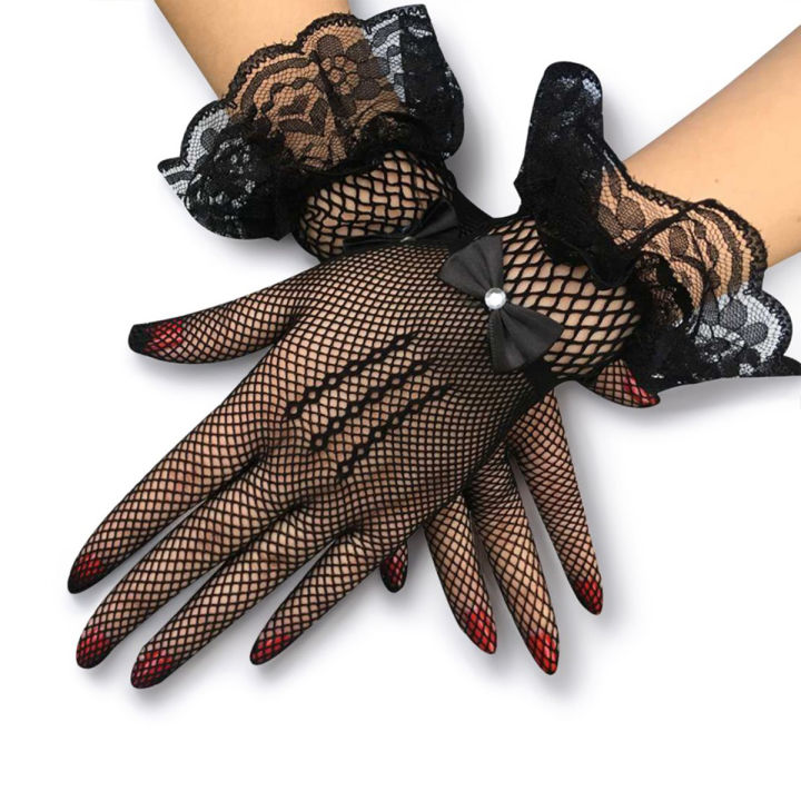 Women Full Finger Mesh Lace Gloves Summer Spandex Wedding Party Dress Gloves