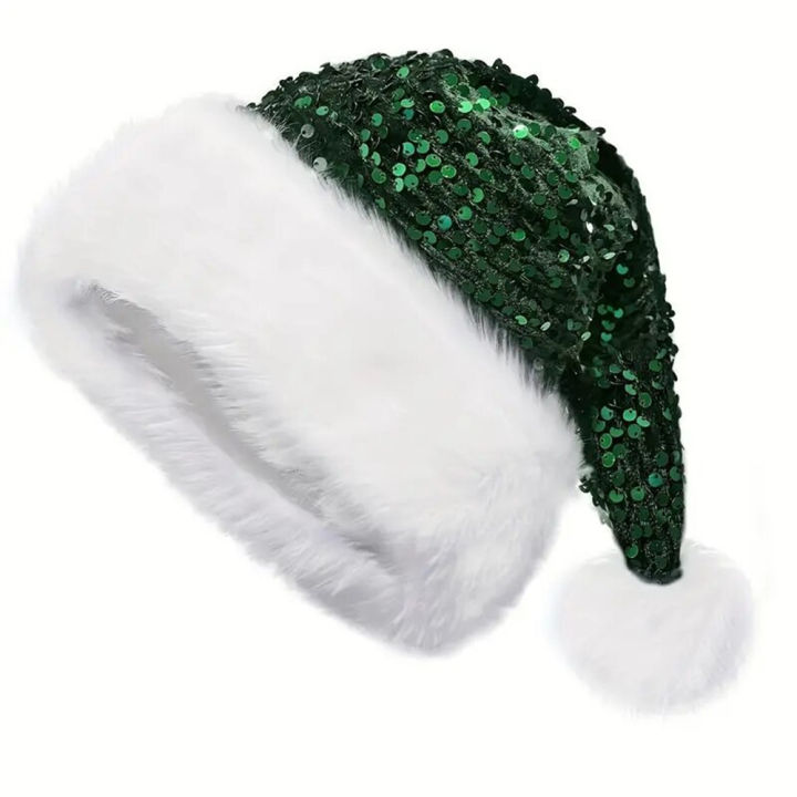 Sequin%20Christmas%20Hat%20Plush%20Solid%20Color%20Sparkle%20Santa%20Claus%20Hat%20with%20Long%20Fluffy%20Pompom%20For%20Adult%20Kids%20Christmas%20Party%20Decoration%20-%20Image%203