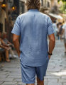 Men's Cotton100 Shirt & Shorts Set Short Sleeve Light Blue Loose Fit Casual Summer Beach Vacation Daily Two-Piece Outfit. 