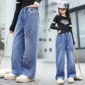 3-12 Years Girls Denim Pants Teenager Wide Leg Pants Children Trousers Spring Autumn Star Pattern Girls Jeans New Kids Clothes.