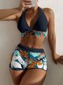 Halter Bikini Set Short Swimsuit Women High Waist Swimwear Female Printed Bathers Swimming Bathing Swim Suit Beachwear.