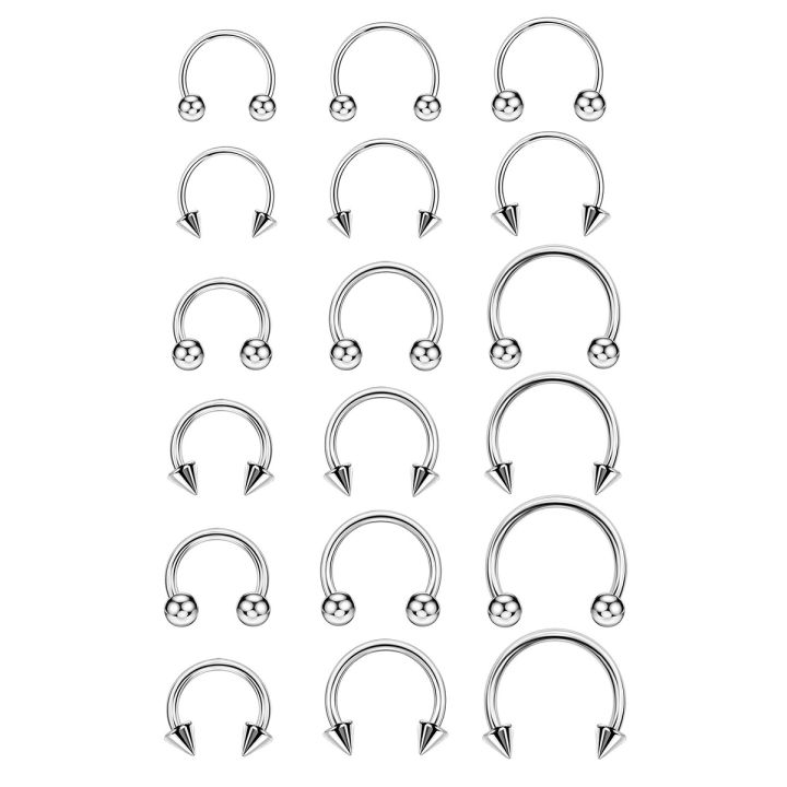 Threaded Nose Set 6-Piece / 18-Piece Surgical Steel Horseshoe Nose Ring Set With External ...