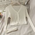 Women Acrylic Long Sleeve V-Neck Buttons Up Cardigan Shirt Slim Cropped Ribbed Knit Thin Solid Stretch Top Knitwear. 