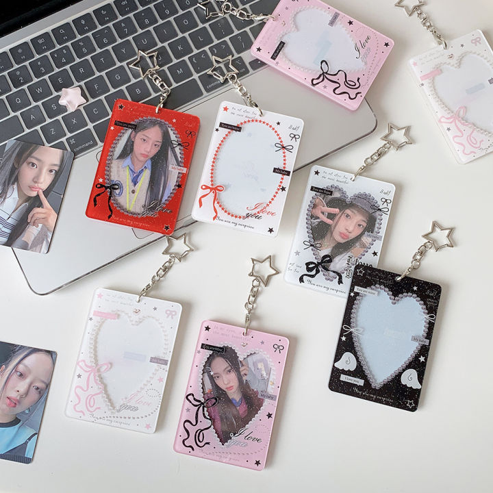 INS Korean Fashion Heart Hollow 3in Card Holder Cute Girls Idol Photo Storage Card Bag Decoration Student Pendant Keychain