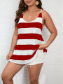 Plus Size Tank Top Casual, V-neck Plus Stripe Print Micro Elastic Camo Top for Women. 