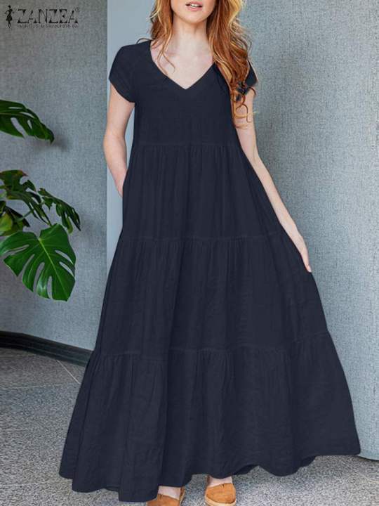 2024%20ZANZEA%20Summer%20Maxi%20Long%20Dress%20Women%20Bohemian%20Holiday%20Sundress%20V%20Neck%20Short%20Sleeve%20Robe%20Femme%20Casual%20Loose%20Ruffles%20Vestidos%20-%20Image%204
