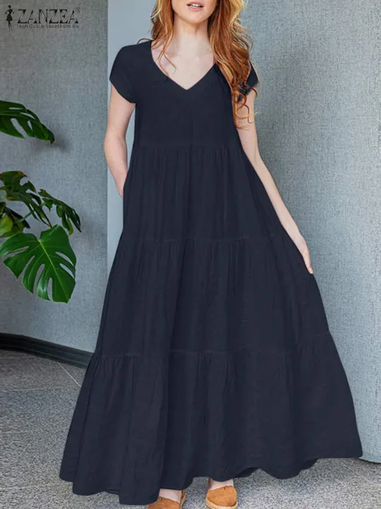 2024%20ZANZEA%20Summer%20Maxi%20Long%20Dress%20Women%20Bohemian%20Holiday%20Sundress%20V%20Neck%20Short%20Sleeve%20Robe%20Femme%20Casual%20Loose%20Ruffles%20Vestidos%20-%20Image%204