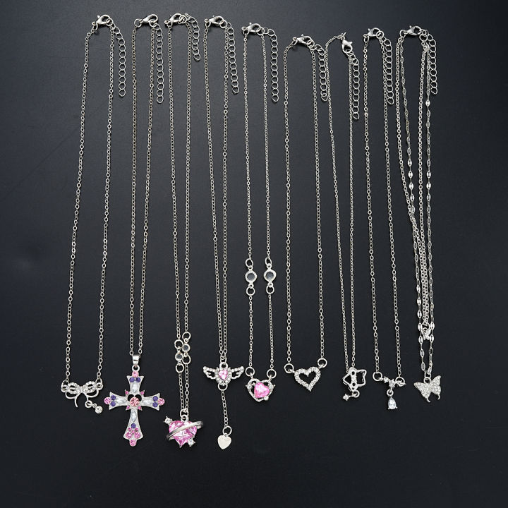 9%20Pcs%20Women's%20Elegant%20Zircon%20Pendants%20Necklace%20Set%20Fashion%20Pink%20Color%20Cross%20Butterfly%20Heart%20Bowknot%20Necklaces%20Party%20Jewelry%20%20-%20Image%203