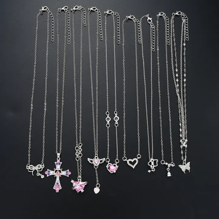 9%20Pcs%20Women's%20Elegant%20Zircon%20Pendants%20Necklace%20Set%20Fashion%20Pink%20Color%20Cross%20Butterfly%20Heart%20Bowknot%20Necklaces%20Party%20Jewelry%20%20-%20Image%203