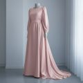 Luxury Silk Maxi Dress for Women | Light Blue Full Sleeves Long Gown | Elegant Modest Party & Wedding Wear | Designer Satin Stitched Frock. 