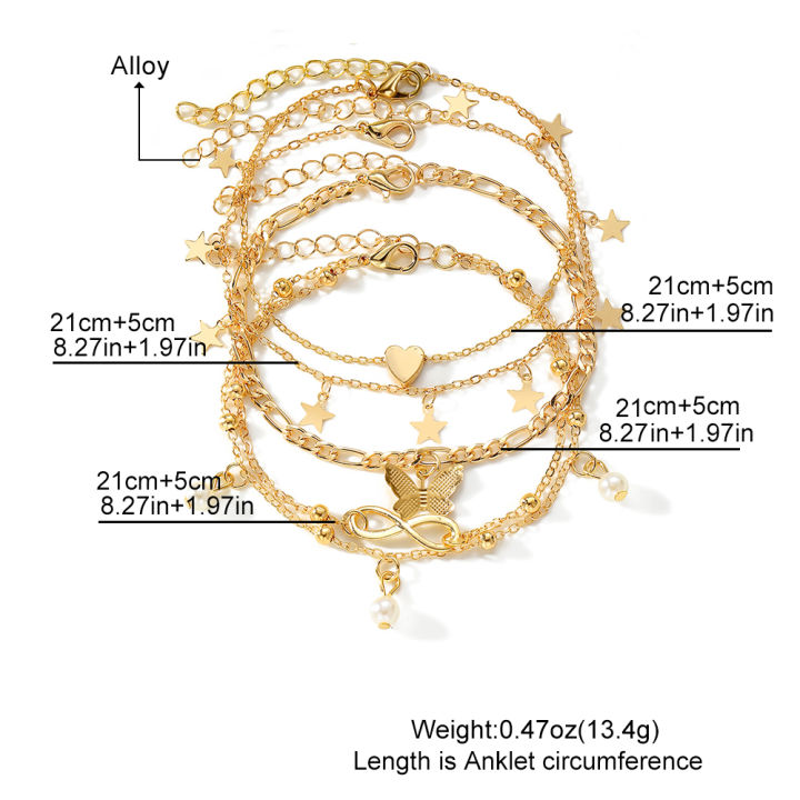 【In-Stock】 IPARAM Exquisite Metal Butterfly Star Heart Pendant Anklets Set Bohemia Vintage Pearl Pendant Foot Bracelet Beach Woman Jewelry