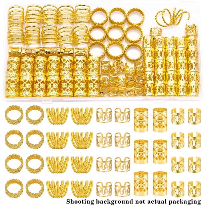110 Pcs Gold Hair Jewelry for Braids and Dreadlocks - Metal Rings, Cuffs, Clips Accessory Decorations - Golden Yellow