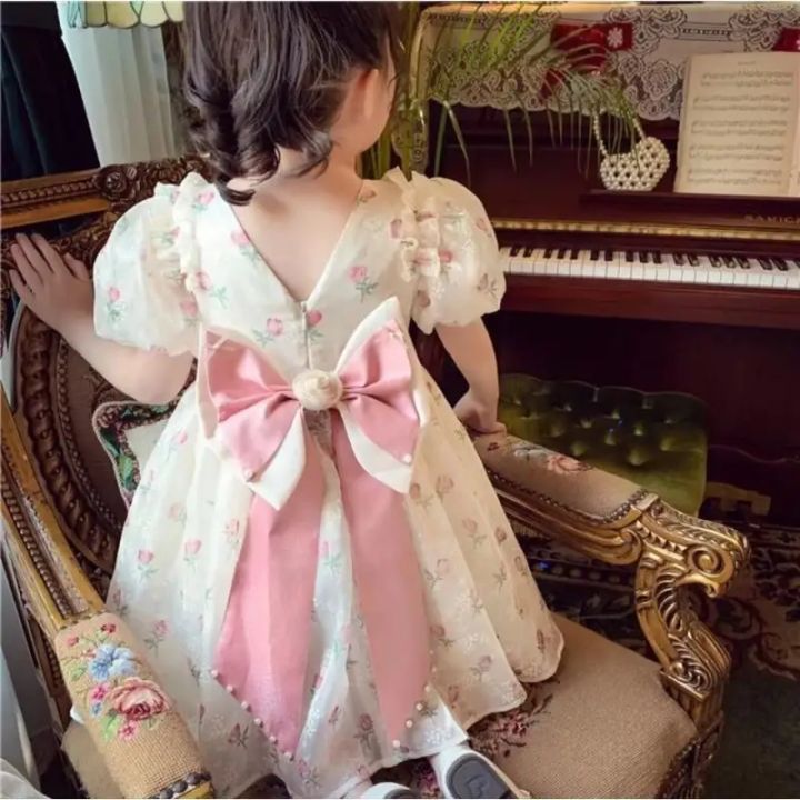 1-8%20Years%20Old%20Summer%20Full%20Print%20Rose%20Flower%20Lace%20Girls%20Dress%20Big%20Bow%20Pearl%20decoration%20Princess%20Party%20Dress%20For%20Kids%20-%20Image%205