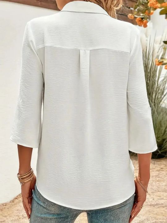 Women's%20Plus%20Size%20Casual%20Long%20Sleeve%20Button%20Loose%20Shirt%20Ladies%20Comfortable%20Solid%20V%20Neck%20Blouse%20-%20Image%202