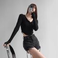 Womens Long Sleeve T Shirts Button V Neck Solid Color Ladies Slim Fit Fashion T-Shirt Women's Casual Basic Cropped Tops.