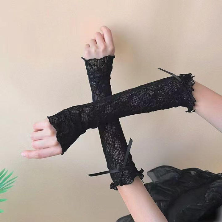 Lace Ruffle Y2k Gloves Fingerless Gloves Mittens JK Lolita Kawaii Women Mesh Fishnet Bowknot Black White Gloves UV Protection