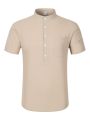 Summer men's cotton and linen set casual Henley shirt short sleeved+loose straight leg pants solid color two-piece set.