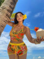 Ladies plus Size Tropical Vacation Fashion Print Tie-Neck Top And Sporty Casual Printed Shorts Two-Piece Set.