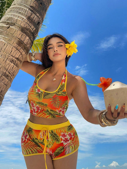 Ladies plus Size Tropical Vacation Fashion Print Tie-Neck Top And Sporty Casual Printed Shorts Two-Piece Set
