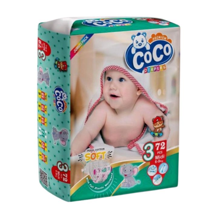 Coco Baby Diapers Size 3 Jumbo Pack (72 Pcs 6-9 Kg)