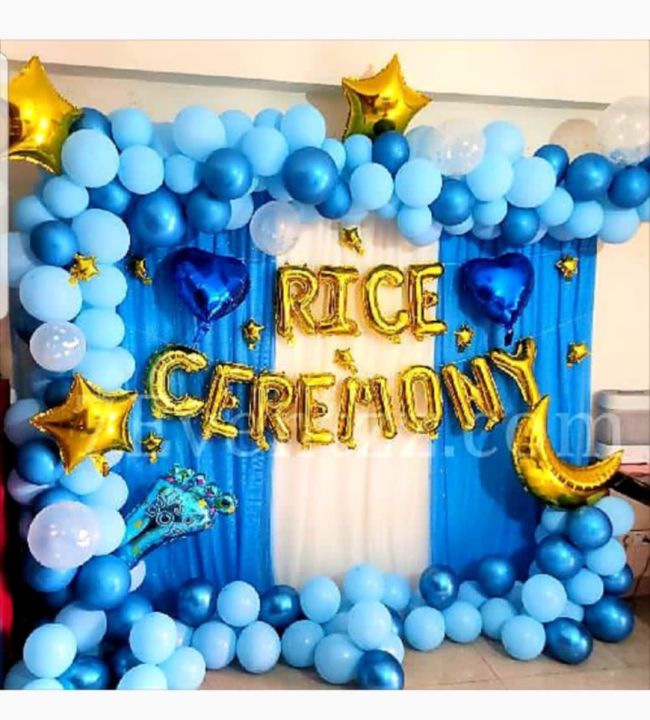 Rice Ceremony Decorations Items -  Baby Annaprashan Decoration Items, Rice Ceremony Foil Banner, Light Blue And Dark Blue Balloons, Silver And Blue Curtain, Rice Feeding Ceremony Decoration
