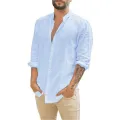 Cotton Linen Hot Sale Men's Long-Sleeved Shirts Summer Solid Color  Stand-Up Collar Casual Beach Style Plus Size. 