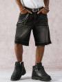 Men's Spring and Summer Street Fashion Casual Frayed-Hem Loose Wide-Leg Black Denim Shorts. 