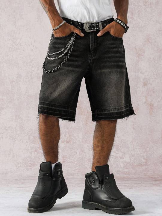 Men's%20Spring%20and%20Summer%20Street%20Fashion%20Casual%20Frayed-Hem%20Loose%20Wide-Leg%20Black%20Denim%20Shorts%20-%20Image%203