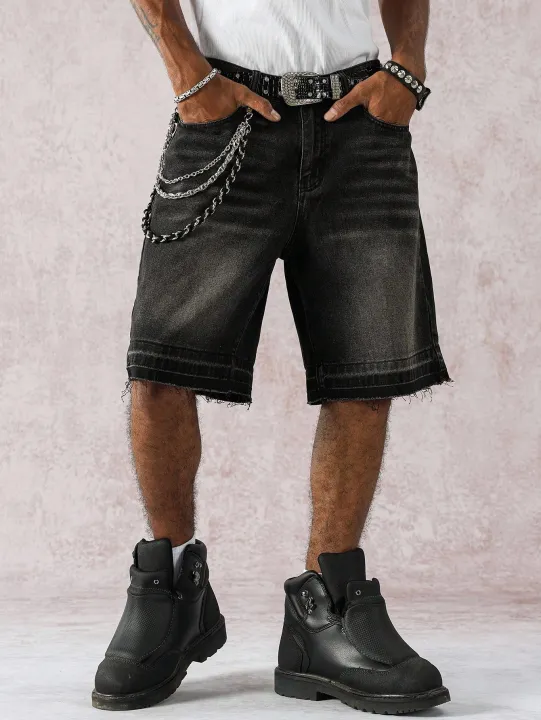 Men's%20Spring%20and%20Summer%20Street%20Fashion%20Casual%20Frayed-Hem%20Loose%20Wide-Leg%20Black%20Denim%20Shorts%20-%20Image%203