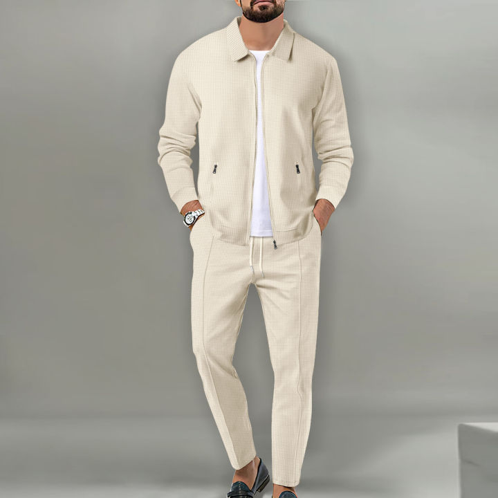 2026 Coat Fall Waffle Zip Pocket Lapel Slim Cardigan Men's Jacket Set