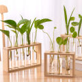 Hydroponic Plants Container with Wood Frame Transparent Glass Test Tube Vase Flower Pot Home Tabletop Bonsai Decorations Crafts. 