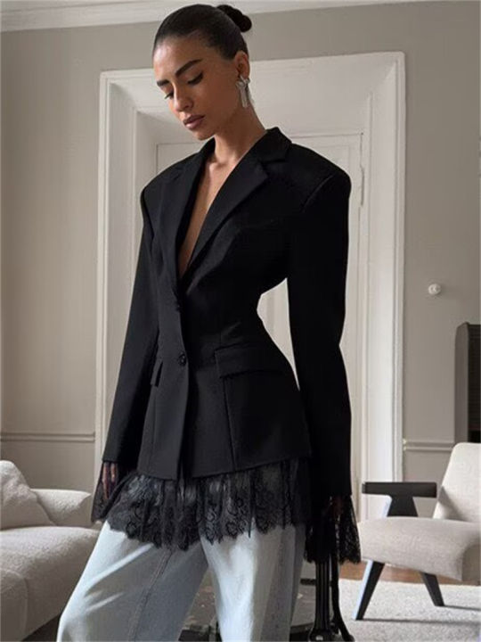 Women's%20New%20Fashion%20Black%20Fitted%20Blazer%20Solid%20Color%20Jacket%20with%20Lace%20Details%20Commuter%20Long%20Sleeve%20Top%20-%20Image%203