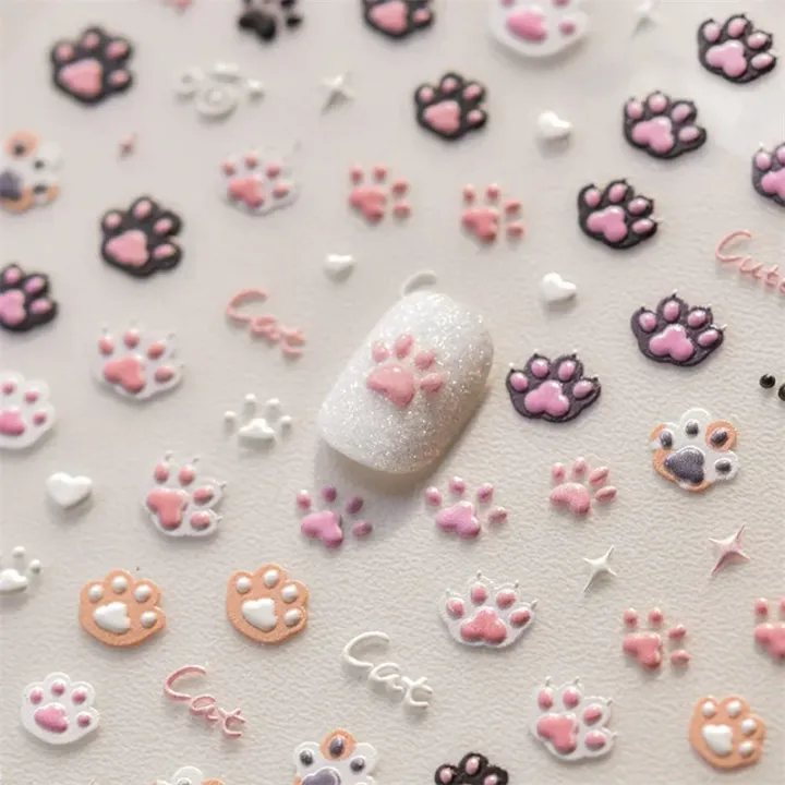 Cute%20Jelly%20Pink%20Cat%20Paw%20Print%20Lovely%20Kitty%20Puppy%20Dog%20Cartoon%205D%20Embossed%20Relief%20Self%20Adhesive%20Nail%20Art%20Sticker%203D%20Manicure%20Decal%20-%20Image%202