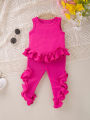 Baby Girl Spring & Summer New 2pcs Outfit Camisole Top+Pants Set Irregular Lace & Ruched Decoration Cute Casual Fashion Clothing. 