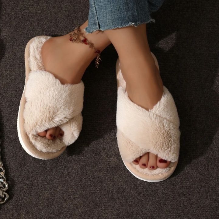 Cross%20Warm%20Fluffy%20Furry%20Slippers%20Women%20Lightweight%20Flat%20Heels%20Fur%20Slides%20Woman%20Autumn%20Winter%20Open%20Toe%20Non%20Slip%20Home%20Floor%20Shoes%20-%20Image%204