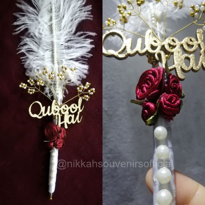 White feathers wooden text Qubool hai red rose Nikkah pen Gift for Bride and Groom