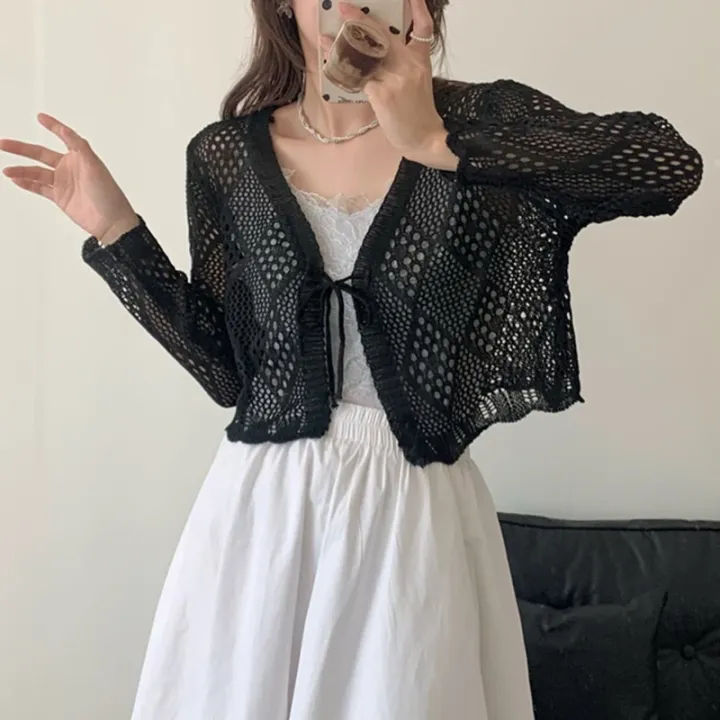 Sheer%20Pointelle%20Knit%20Crop%20Cardigan%20with%20Tie%20Front%20Openwork%20Long%20Sleeve%20Short%20Jacket%20Top%20Cover%20for%20Women%20Teen-girl%20Cute%20Outfit%20-%20Image%202