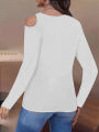 Women's Long Sleeve T-Shirt - Off-Shoulder & Asymmetric Neck - Elegant Solid Color Fall Fashion. 