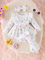 3PCS Autumn New Style 0-1 Year Old Newborn Girl Baby Sweet And Cute Printed Long-Sleeved Clothes + Socks Hair Bands. 
