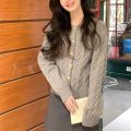 2024 Vintage Long Sleeve Cardigan Women Sweater O-neck Elegant Knitted Top Fashion Autumn Grey Knitwear. 