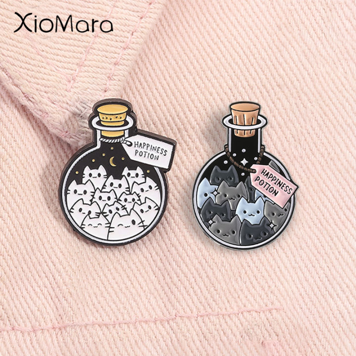 Cartoon Cat Happiness Potion Enamel Pin Cat Enthusiasts Metal Brooch Lapel Backpack Badge Funny Jewelry  For Kids Friends