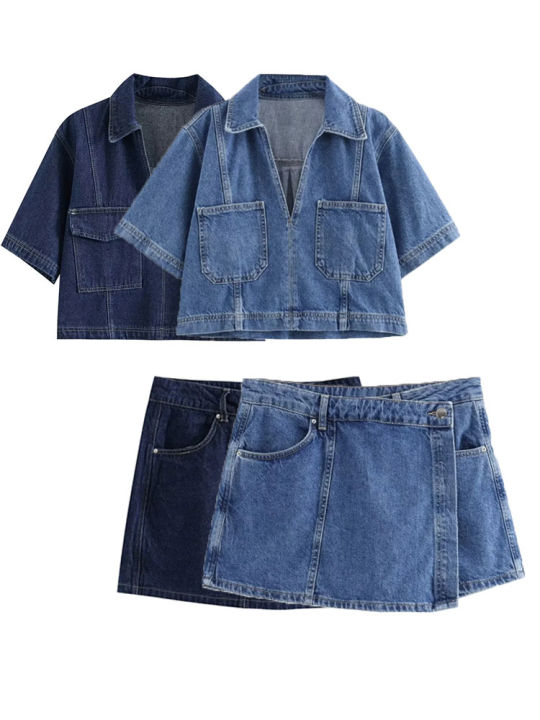 2024%20Summer%20Denim%20Two%20Piece%20Set%20Short%20Sleeves%20Pocket%20Women%20Top%20Mini%20Skirt%20Shorts%20Fashion%20Casual%20Lady%202%20Piece%20Sets%20Y2K%20-%20Image%202