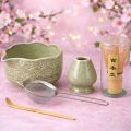 Matcha Whisk Set - 5Pcs Tiny Flower Matcha Set Includes 18.5oz/550ml Chawan with Spout, Bamboo Chasen Whisk with Ceramic Holder.