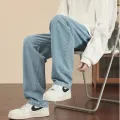 Korean Fashion Men's Baggy Jeans Classic All-match Solid Color Straight-leg Casual Denim Wide-leg Pants Male Light Blue Black. 
