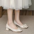 2024 Women 5cm High Heels Elegant Valentine Pumps Female Square Toe Block High Heels Lady Sweet Ribbon Bowknots Barefoot Shoes. 